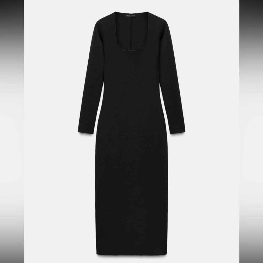 Zara Black Long Sleeve Midi Knit Dress